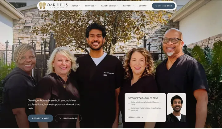 Homepage of the Oak Hills Dentistry website: Dr. Neal H. Patel and four team members in dark scrubs outside the practice, with a "Care led by Dr. Neal H. Patel" card