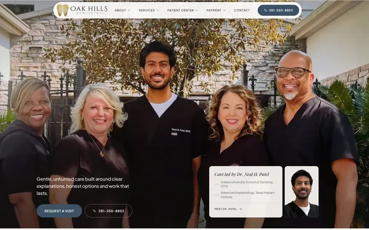 Homepage of the Oak Hills Dentistry website: Dr. Neal H. Patel and four team members in dark scrubs outside the practice, with a "Care led by Dr. Neal H. Patel" card