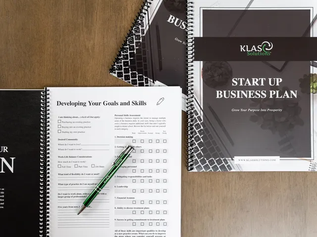 KLAS Solutions startup business plan workbook and a goals worksheet on a desk