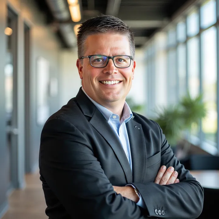Phil Cole, founder of KLAS Solutions, smiling with arms crossed in a bright office