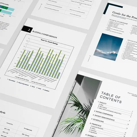 Pages of a KLAS Practice Health Assessment report, including a team versus coach rating chart, fee analysis, scheduling and goals for the practice